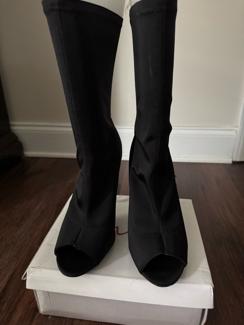 Black Peep-Toe Stretch Calf-High Boots - Women's